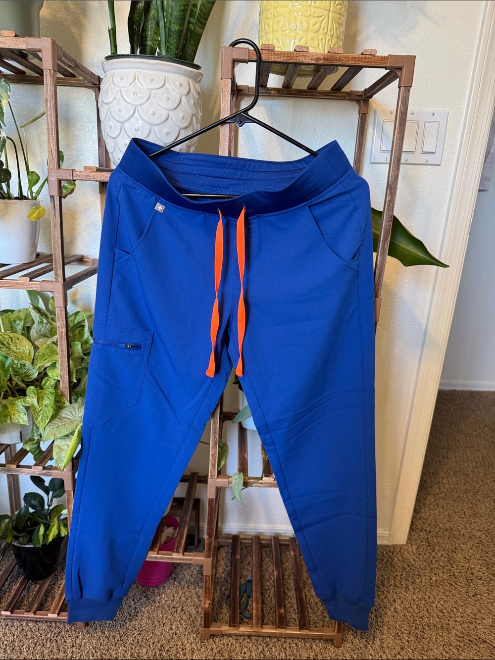 FIGS Royal Blue Jogger Scrub Bottoms with Orange Drawstring
